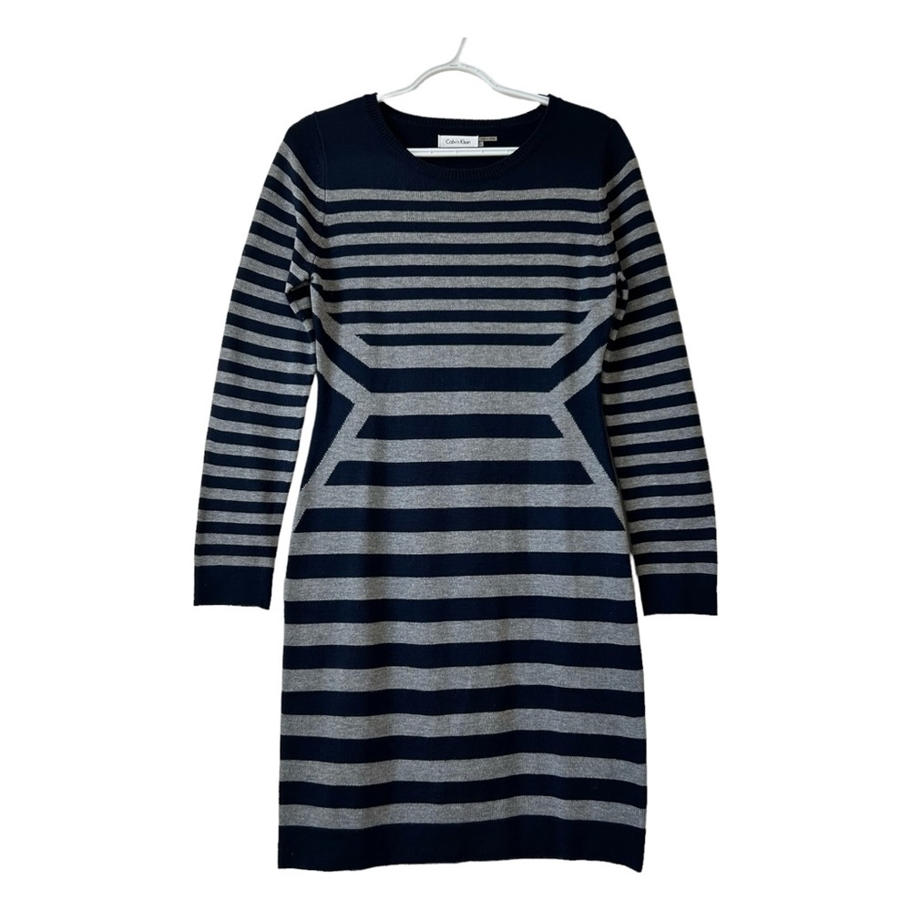 Calvin Klein Women’s Black Gray Fit&Flare Sweater Dress Crew Neck Size S Preppy